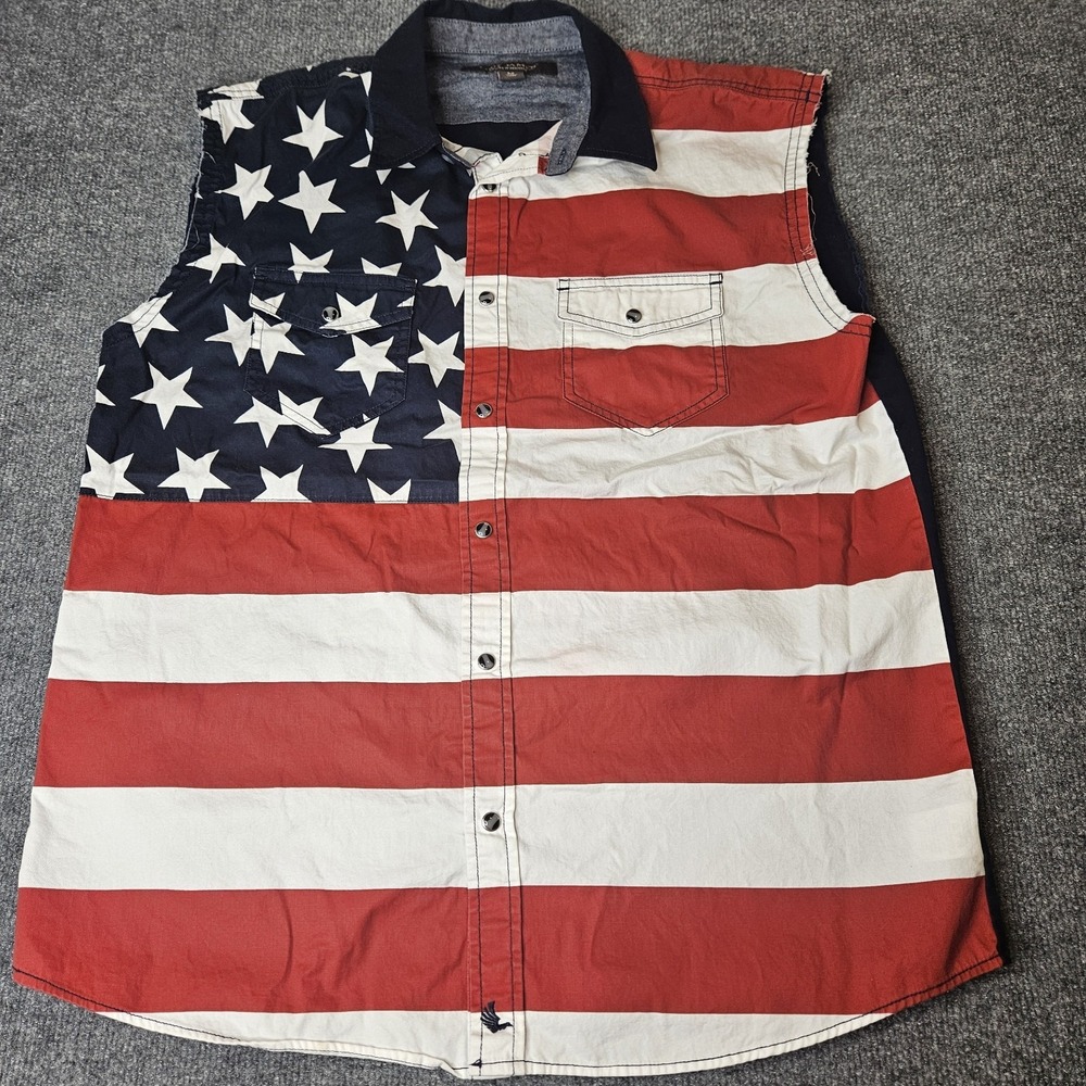 Cody James Mens Sleeveless Pearlsnap Shirt Size Medium Patriotic Flag Cowboy - Picture 2 of 7